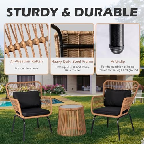 3 Piece Outdoor Wicker Furniture Bistro Set, Rattan Chairs Conversation Sets with Solar Light, Wicker Patio Furniture for Balcony Poolside Backyard, Black