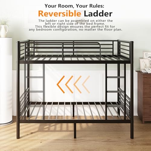 FCH Metal Bunk Bed Twin for Kids, Teens and Adults,Bunkbeds with Ladder and Flat Rungs, Heavy Duty Metal Slats Support, No Box Spring Needed, for Dorm,Bedroom,Black