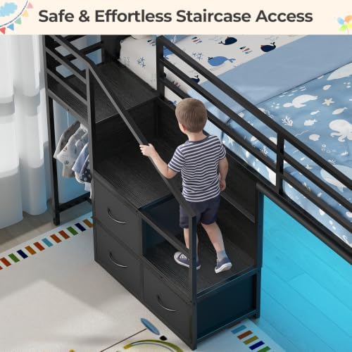BTHFST Low Loft Bed Twin with Stairs, Desk, 6 Storage Drawers, Black