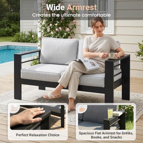 Solaste Aluminum Outdoor Patio Furniture Set, 4 Seats Patio Sectional Sofa with 5" Thick Cushion, Outdoor Patio Set with Coffee Table for Porch, Backyard, Deck, Yard, Light Grey
