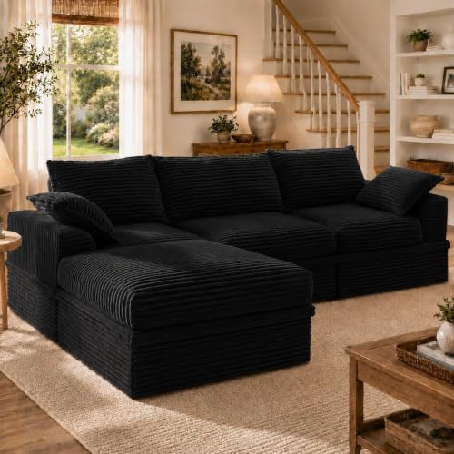 Upgraded Boneless Couch with Storage, Sectional Couches for Living Room, L-Shaped Modular Cloud Corduroy Sofa with Ottoman & Pillows, Oversized Deep Seat Memory Foam Couch, No Assembly(Black, 107" L)