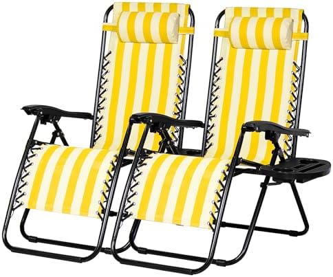 Nazhura Set of 2 Relaxing Recliners Patio Chairs Adjustable Steel Mesh Zero Gravity Lounge Chair Beach Chairs with Pillow and Cup Holder (Yellow Stripe)