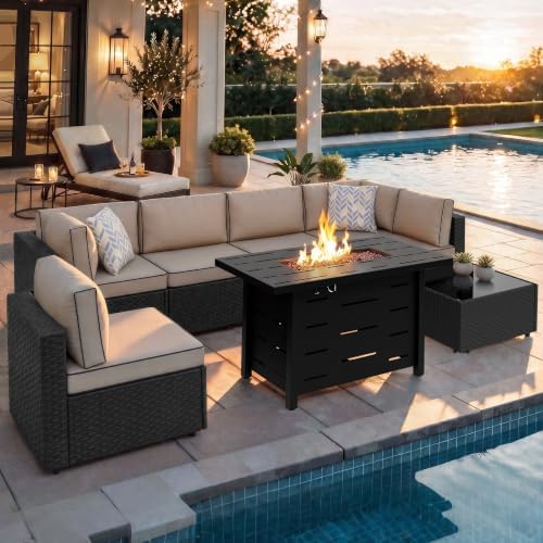 Shintenchi 8 Piece Outdoor Patio Furniture Set with 43 Inch Propane Fire Pit, Washable Cushions, Glass Coffee Table, Waterproof Cover & CSA Certified for Backyard Poolside, Black PE Rattan/Khaki