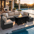 Shintenchi 8 Piece Outdoor Patio Furniture Set with 43 Inch Propane Fire Pit, Washable Cushions, Glass Coffee Table, Waterproof Cover & CSA Certified for Backyard Poolside, Black PE Rattan/Khaki
