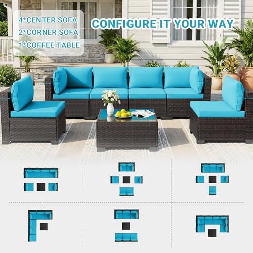LEVELEVE 7-Piece Outdoor Patio Furniture Sets, Manual Weaving Rattan Conversation Sectional Sofa with Tempered Glass Coffee Table, All-Weather PE Wicker & Thick Cushions for Garden, Backyard, Porch