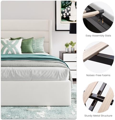SHA CERLIN Queen Size Lift Up Hydraulic Storage Bed Frame White