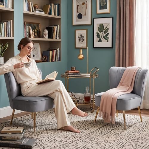 Velvet Accent Chair Set of 2 Comfy Living Room Chair Armless Slipper Chair Mid Century Side Chair Single Sofa Chair with Golden Legs Wingback for Bedroom Guest Room, Grey