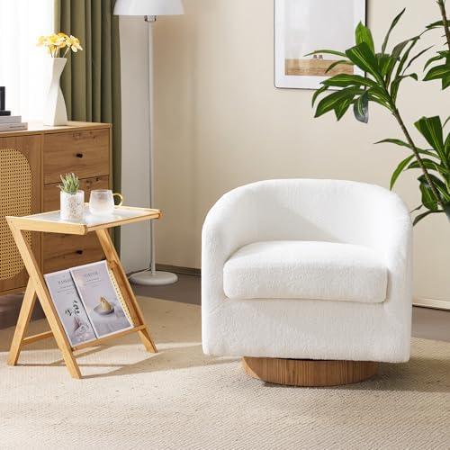 VINGLI 360°Swivel Accent Chair with Engineered Wood Base and Removable Cushion for Living Room, Bedroom, Curved Back Barrel Chair for Small Space, Upholstered Bucket Armchair, Teddy White