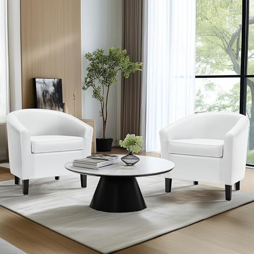 Yaheetech Accent Chairs Set of 2, Faux Leather Barrel Armchairs White