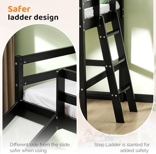 VINGLI 47 Inches Medium High Loft Bed with Slide, Space Saving Kids Low Loft Bed Twin Size with Guardrail and Flat Ladder, Pine Wood Bed Frame for Boys and Girls, Black