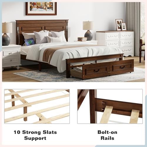 Queen Size Bed Frame with 2 Storage Drawers & Tall-Panel Headboard