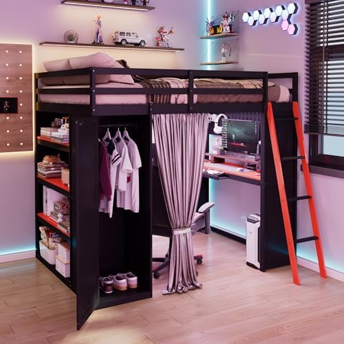 Merax Full Size Loft Bed with Desk and 6 Storage Shelves, Wardrobe, Blackout Curtain, Solid Wood Gaming Loft Bed Frame with USB Port & RGB Lights, No Box Spring Needed, Space-Saving, Black+Red