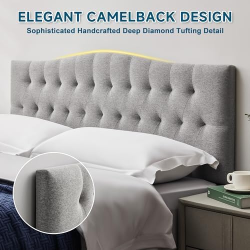 Tufted Upholstered King Size Headboard Only, Adjustable 38-50 in, Gray