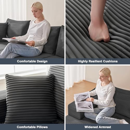 Mangodan 110” Cloud Sectional Couch, Modular Sectional Sofa with Deep Seat, Boneless Sofa for Living Room, Fluffy Comfy U-Shaped Couch with Left Facing Chaise, No Assembly Required, Grey