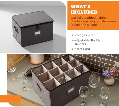 storageLAB Wine Glass Storage Case | Hard Shell Felt Dividers | Gray