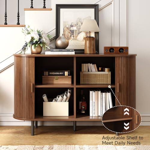 ONBRILL 48" Sideboard Buffet Cabinet, Sliding Door/Adjustable Shelf, Walnut