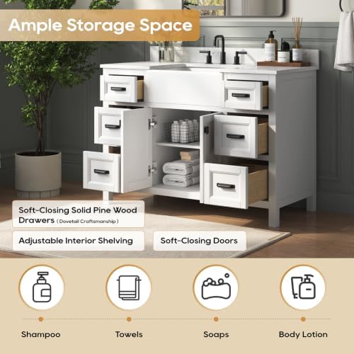 48 Inch Bathroom Vanity with Sink, Fully Assembled, White | Farmhouse Solid Wood Single Sink Bathroom Vanity with Soft Close Doors & Dovetail Drawers, Apron Farm Sink, 0.78" Stone Top