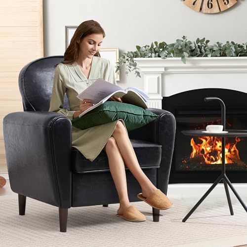 Accent Chair, Faux Leather Mid Century Modern Arm Chairs with Thick Cushion and Back, Comfy Upholstered Reading Chair Single Sofa Chair for Living Room, Bedroom, Club, Black