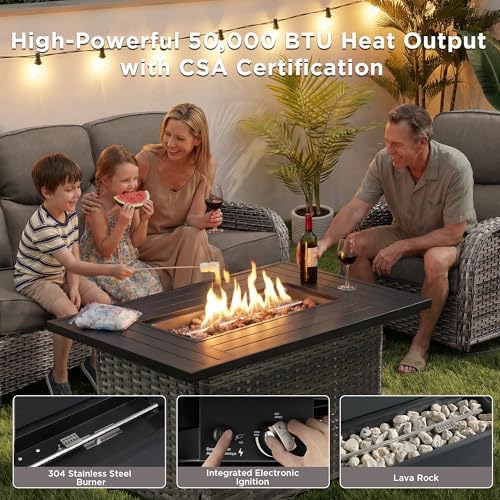 Luxury Patio Furniture Set with Fire Pit Table-6 Pieces All Weather Outdoor Swivel Rocker Chairs with Sofa and Ottomans. Outdoors Patio Conversation Sets for Porch Deck Garden Backyard(Grey/Grey)