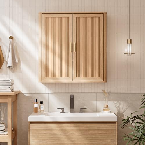 INNOD Bathroom Storage Wall Cabinet, Over the Toilet Storage Cabinet Above Toilet Storage, Medicine Cabinet with Adjustable Wood Shelf & Doors for Laundry Room & Kitchen & Living Room (Natural Oak)
