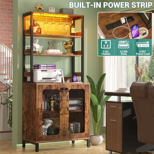Aheaplus Bar Cabinet with Power Outlets, 67" Tall Wine Bar Liquor Cabinet