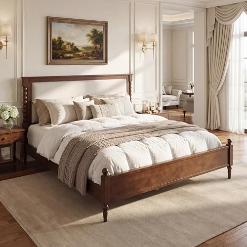 Merax Queen Size Solid Wood Platform Bed Frame, Upholstered Headboard & Classic Spindle & with Fabric Panel, No Box Spring Needed, 500 lbs Capacity Timeless Traditional for Bedroom, Brown
