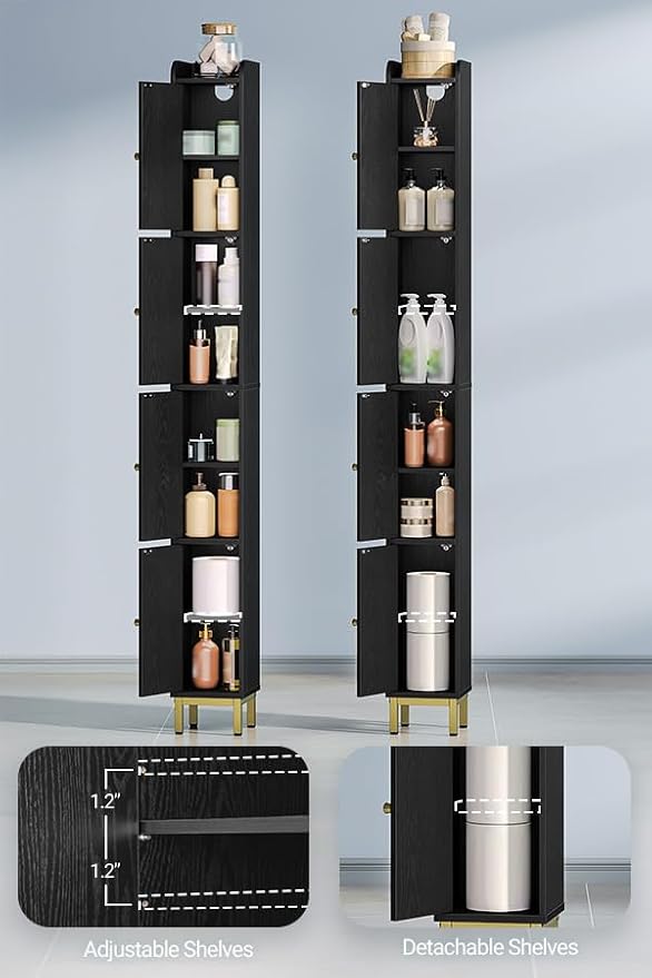 Hzuaneri 4-Tier Narrow Tall Storage Cabinet | Slim Bathroom Storage Cabinet with 4 Adjustable Feet and Shelves,for Living Room,Laundry Room,Rattan Black,7.9"Dx7.9"Wx70.9"H