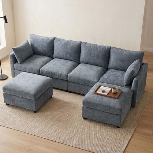 Iroomy Modular Sectional Couch for Living Room, Modern 6 Seater Convertible U Shaped Sofa with Ottoman, Spring Cushion Seating, Grey