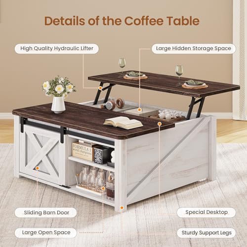 SEDETA 31.5" Lift Top Coffee Table with Storage, Square Coffee Tables for Living Room, Farmhouse Coffee Table with Large Hidden Storage Compartment and Adjustable Shelves, Vintage White