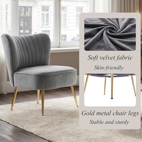 Velvet Accent Chair Set of 2 Comfy Living Room Chair Armless Slipper Chair Mid Century Side Chair Single Sofa Chair with Golden Legs Wingback for Bedroom Guest Room, Grey