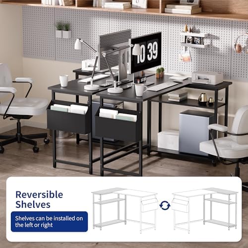 Pamray 40 Inch L Shaped Computer Desk with Reversible Side Storage Shelves, Small Corner Desk for Small Space Home Office, Writing Study Table PC Desk for Bedroom, Marble