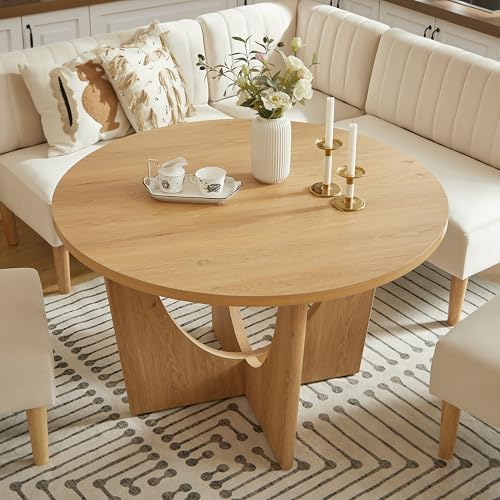 Round Dining Table Set with Loveseat & Chairs, 47 Inch Farmhouse 5-Piece Round Table Setting for 4 to 6, Wood Circle Table and Chairs Set for Kitchen,Breakfast Nook, Indoor Conversational Seating