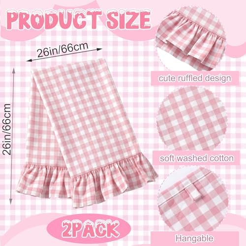 HunnmingRe 2 Pcs Light Pink Gingham Kitchen Towels Cotton Ruffled