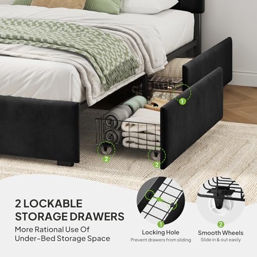 Welzona Queen Size Upholstered Bed Frame with Headboard & 2 Drawers, Black