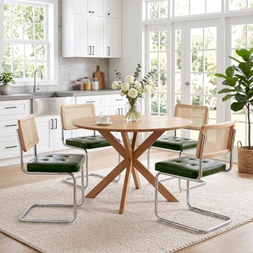 Zesthouse Natural Rattan Dining Chairs Set of 2, Mid Century Modern Dining Room Chairs with Chrome Leg, Faux Leather Kitchen Chair with Solid Wood Back & Cane Mesh, Breuer Cesca Design Inspired, Green