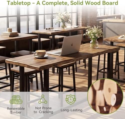 LITTLE TREE Solid Wood Counter Height Table with Metal Footrest - 63-Inch Long Bar Table for Home, Seats up to 6, Easy Assembly, Brown + Black