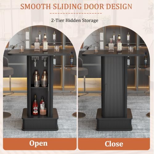 Square Bar Table with 2-Tier Hidden Storage & Wine Glass Rack, 38.1" High Counter Height Bistro Pub Cocktail Table, Modern Drink Bar Station for Kitchen Dining Room, Coffee House, Small Space, Black