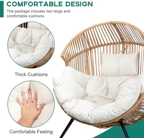 Shintenchi Wicker Egg Chair Outdoor Rattan Patio Chair with Cushion, Oversized Patio Lounge Chairs Egg Basket Chair, Egg Seat for Indoor Living Room Bedroom Outside Patio Backyard Balcony
