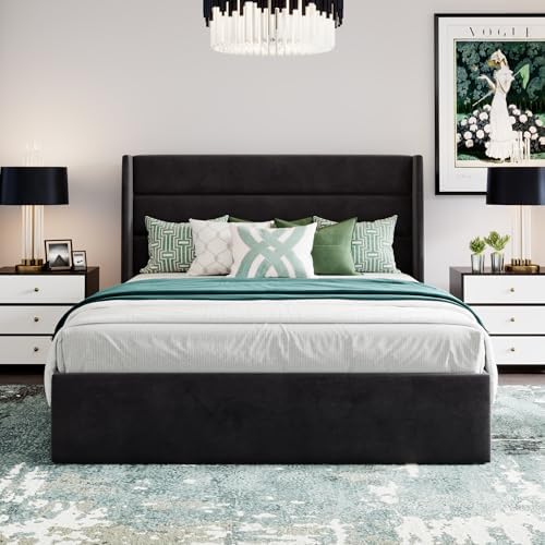 SHA CERLIN Queen Size Lift Up Hydraulic Storage Bed Frame Black