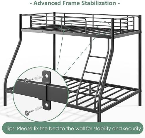 Bunk Beds Twin Over Full Size, Heavy Duty Bunk Beds with Bottom Space & Guardrail Metal Bunk Bed Frame for Adults Dorm Bedroom Guest Room, No Box Spring Needed（Upgrate Black）