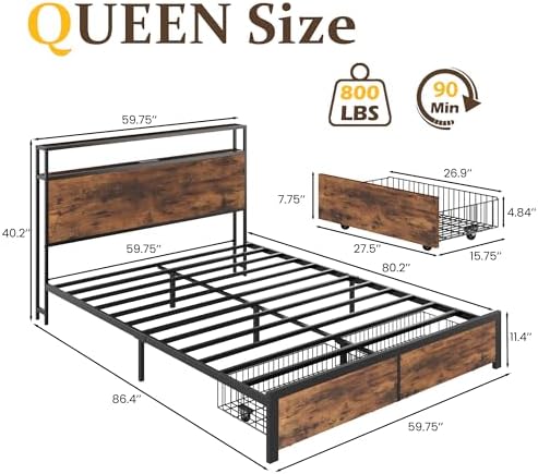 Queen Bed Frame with Charging Station, LED Lights, 2 Drawers, Rustic Brown