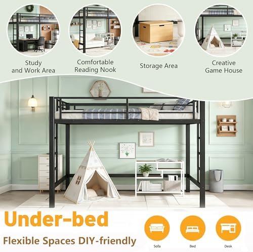 Bellemave Queen Size Loft Bed Frame with 2 Ladder, Sturdy Metal Construction & High Guardrail, Space-Saving Queen Loft Bed for Kids, No Box Spring Needed, Safe for Kids, Adults, Teens, Dorms, Black