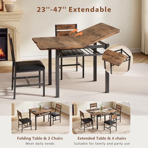 MapleGrace Extendable Dining Table Set for 4 with Built-in Shelf Rack Brown