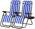 Nazhura Set of 2 Relaxing Recliners Patio Chairs Adjustable Steel Mesh Zero Gravity Lounge Chair Beach Chairs with Pillow and Cup Holder (Navy Blue Stripe)