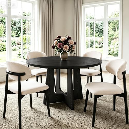 47" Round Dining Table Set for 4, 5 Piece Space Saving Kitchen Table and Chairs, Walnut Wood Finish Round Table with 4 Chairs for Small Apartment, Kitchen, Easy Clean, Black