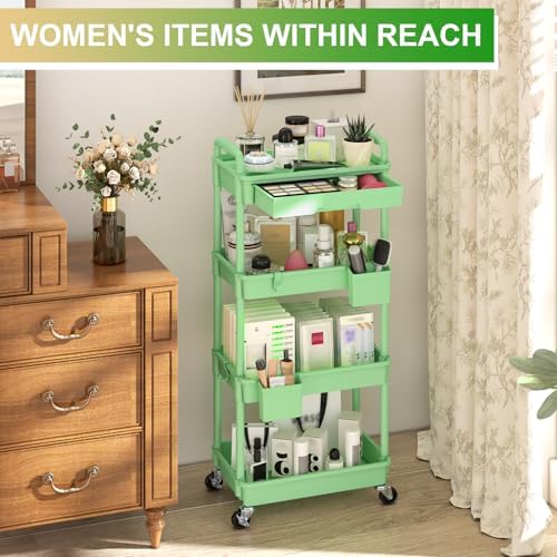 Goovilla 4 Tier Rolling Utility Cart Organizer with Removable Drawer, Green