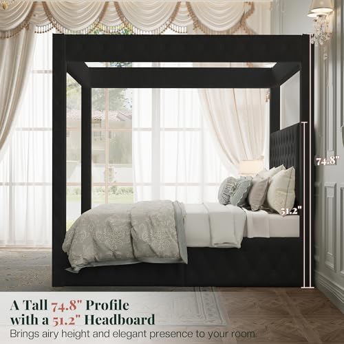 Jocisland Queen Canopy Bed Frame Velvet Upholstered Headboard, Black