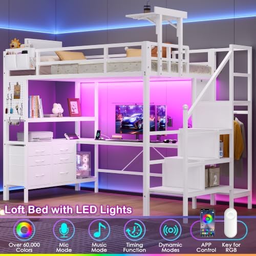 Dnxao Loft Bed Twin Size with 6 Storage Drawers and Foldable Table, White