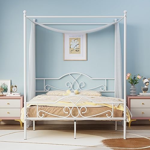 Full Canopy Bed Frame with 4 Posters, Full Size Bed for Kids Girls Adults