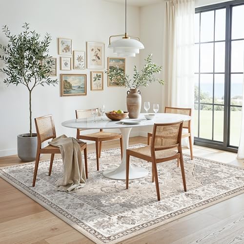 Washable 5x5 Square Area Rugs: Indoor Non-Slip Entryway Kitchen Rugs Oriental Stain-Resistant Bathroom Laundry Floor Mat Water Resistant Light Weight Carpet for Living Room Bedroom Nursery(5x5,Beige)